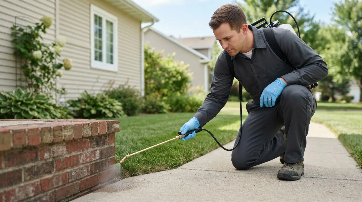 Pest control technician treating a home near Avonmore, PA